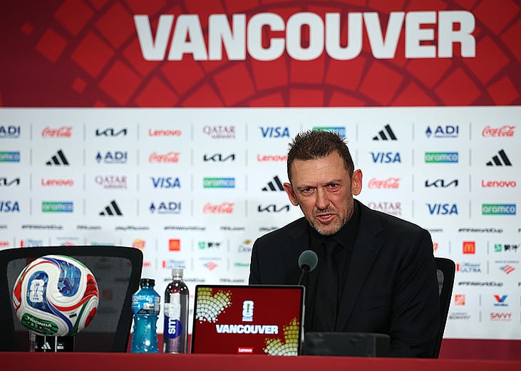 Australian head coach Tony Popovic speaking to the media in a post match press conference after the Australia-Türkiye Group D match at the FIFA World Cup 2026 in Vancouver, British Columbia, Canada.