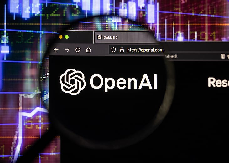 A magnifying glass over an OpenAI logo on an open browser.