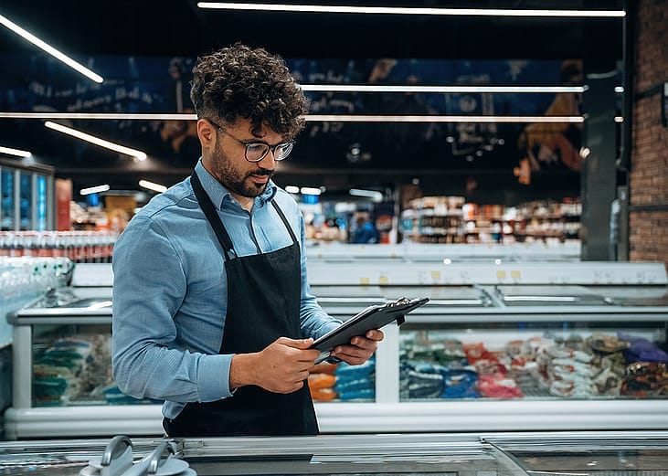 A grocery manager using a checklist for store inventory.