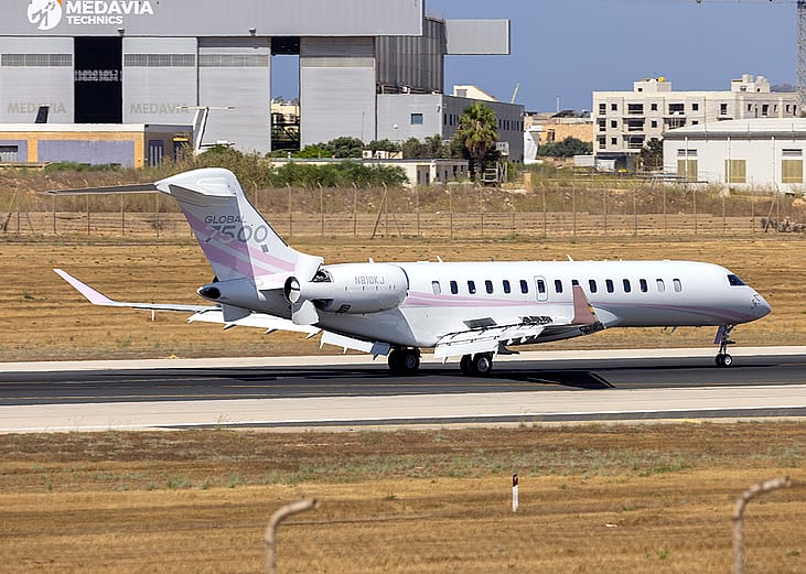 Kylie Jenner's Bombardier Global 7500 private plane on an airport runway.