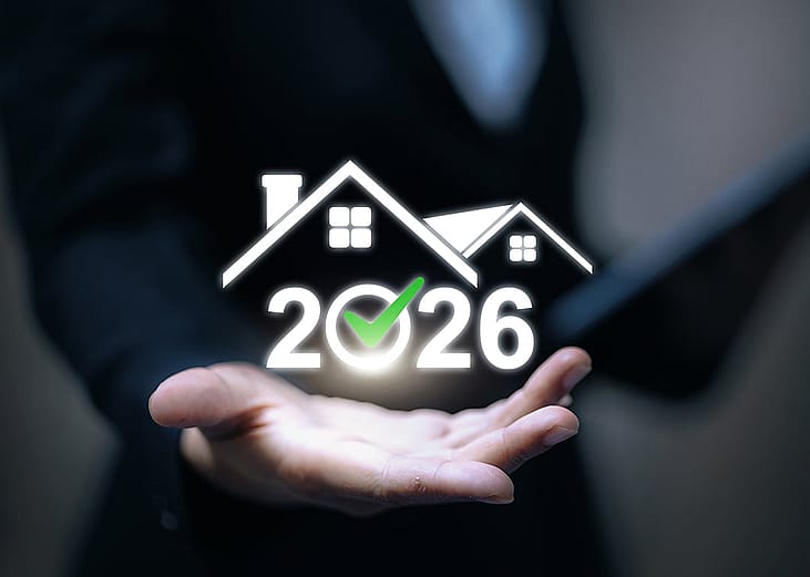 A real estate professional gesturing to hold a 2026 housing graphic illustration.