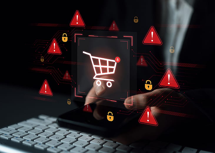 E-commerce security alert graphics over a person typing on a keyboard while shopping online.