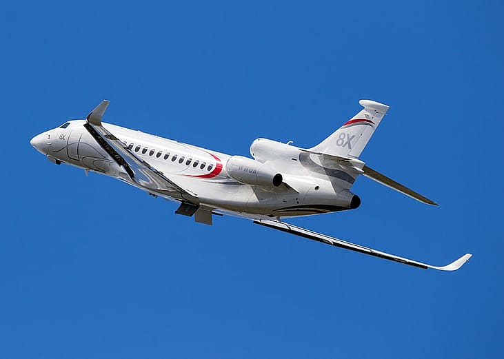 A New Dassault Falcon 8X business jet up in the air for the Paris Air Show in Le Bourget, France.