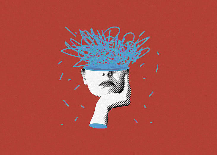 A illustration showing a modern collage of a person's head with confused thoughts.
