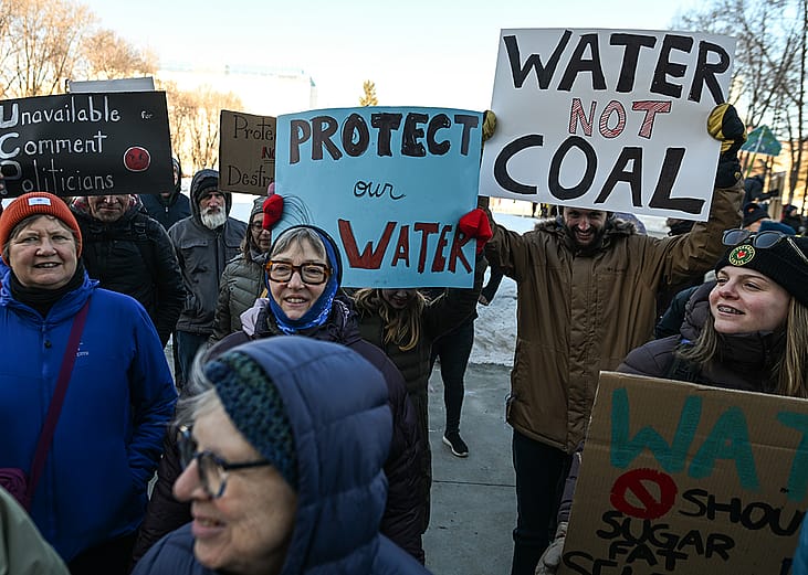 Local activists rally during the 'Protect Our Water' protest against coal mining in the Eastern Slopes, held outside the Alberta Legislature Building in Edmonton, Alberta, Canada, on January 25, 2025. 
