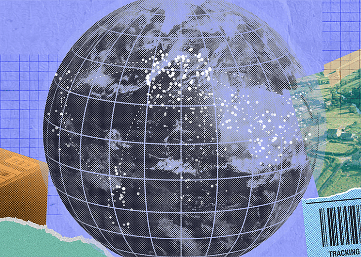 A custom illustration depicting global merchants, shopping, and economy.