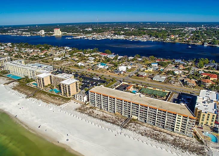 Aerial view of the cityscape and beach of Fort Walton in Florida.