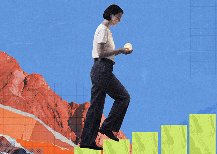 A digital collage of a person ascending a bar chart and other art pieces symbolizing concepts of entrepreneurship and growth.