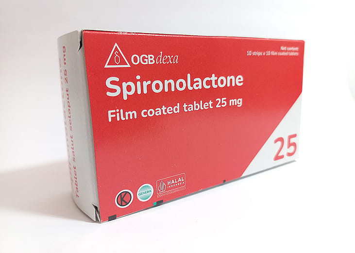 A box of Spironolactone 25 mg film-coated tablets in a white background.