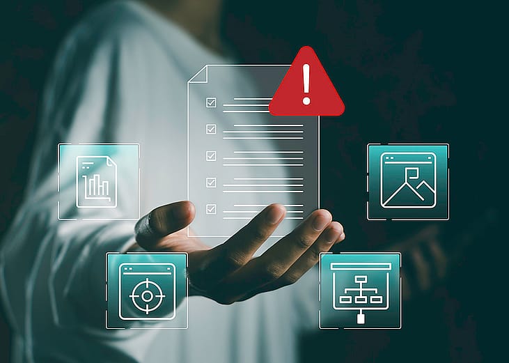 A business person holding a floating and virtual checklist interface with document icons.