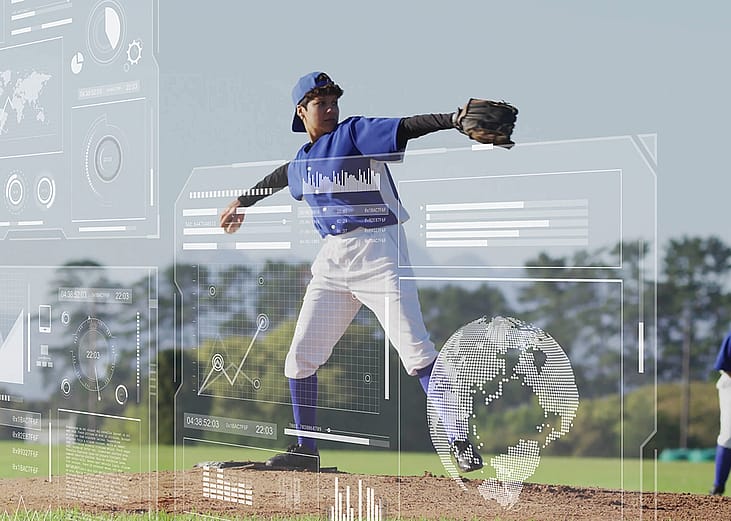 A baseball player throwing pitch illustrated with sport analytics software graphics.