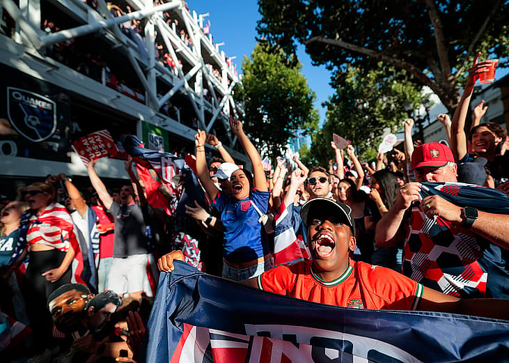 Soccer fans gather and cheer to watch USA vs. Bosnia and Herzegovina for Round 32 of the 2026 FIFA World Cup.