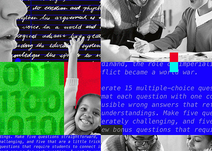 A custom collage illustration showing concepts of teaching young students and integrating AI in learning.