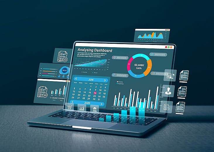 A finance dashboard displayed from a laptop's screen, which analyzes business data sales and growth.