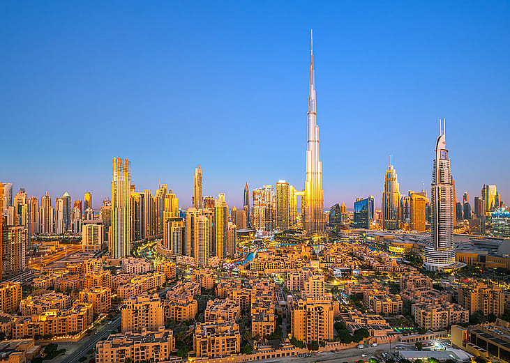 Aerial view of the Dubai city skyline in UAE.