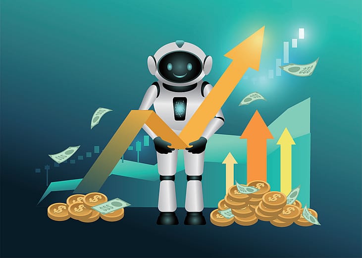 A vector illustration of an AI robo-advisor in the middle of an upward arrow and coin stacks, symbolizing financial growth.