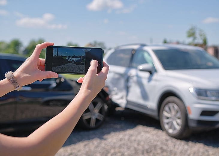 A driver taking a photo of their car's damage after an accident.