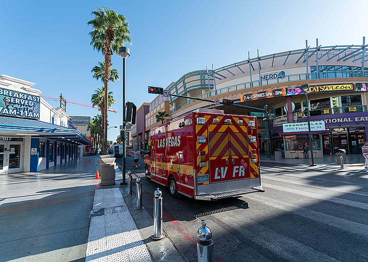 A fire and rescue ambulance parked in a downtown street in Las Vegas, Nevada, USA.