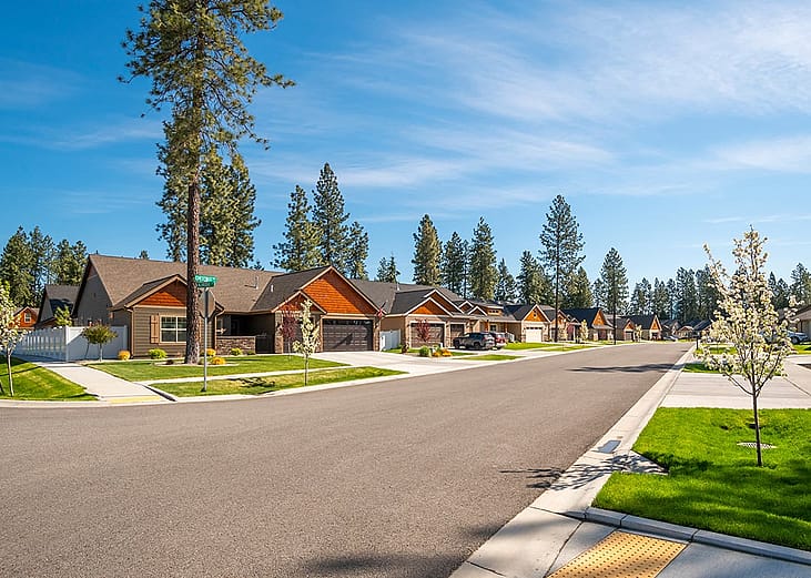 A neighborhood of new homes from a suburban community in Coeur d'Alene, Idaho, USA.