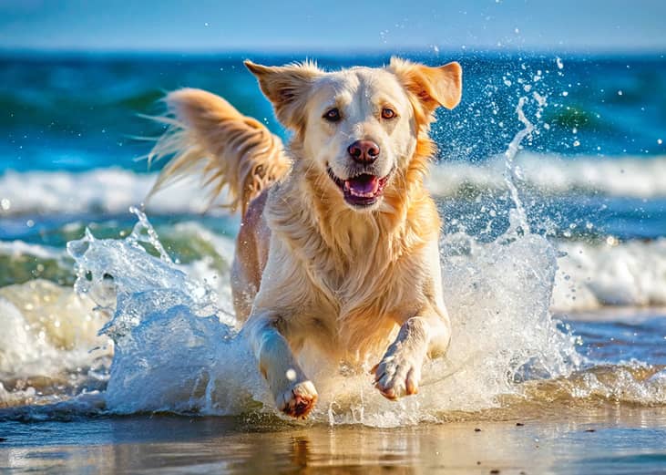 A dog running through the beach's sea waves. 