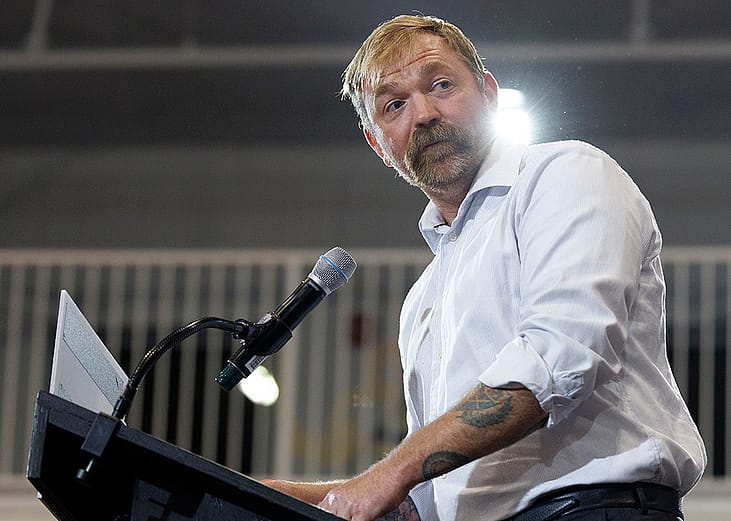 U.S. Senate candidate and Democratic Party's Graham Platner speaking at his Primary Election event in Blue Hill, Maine.