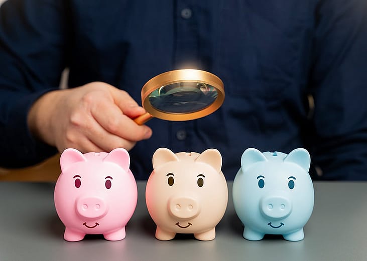 A person checking small piggy banks while using a magnifying glass, symbolizing analysis of savings.