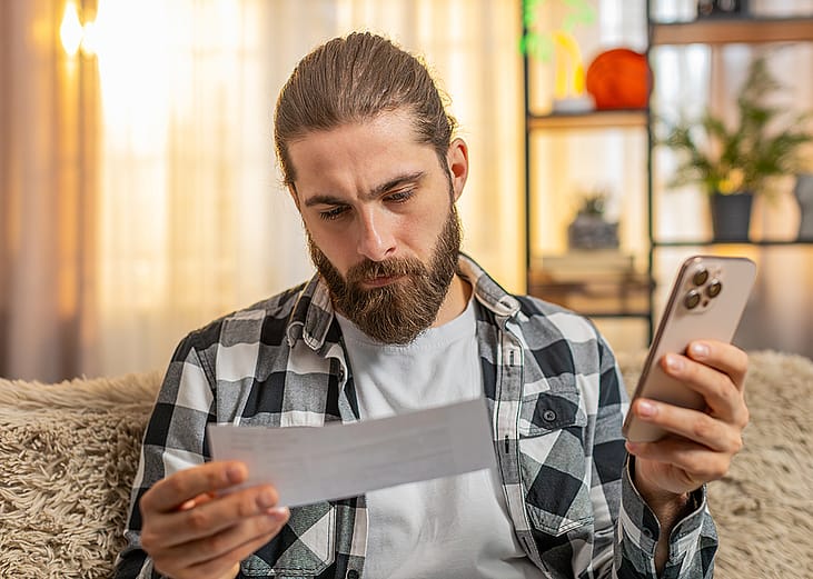 A young man reviewing and calculating bills at home.