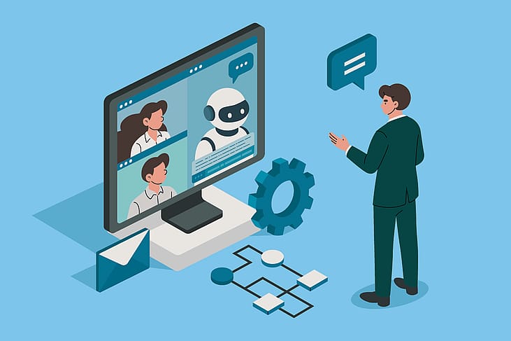 A vector illustration depicting a businessman engaging in a monitor displaying AI assistant and team members on a virtual call.