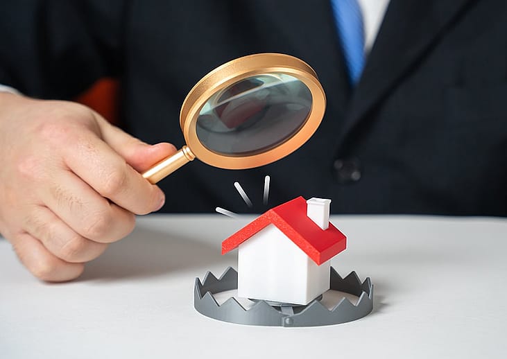 A lawyer examining a figure of a house enclosed in a trap as a concept of illegal property schemes.