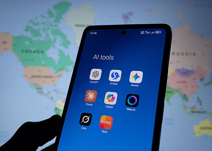 ChatGPT, DeepSeek, Google Gemini, Claude, Microsoft Copilot, Meta AI, Grok and Suno AI applications displayed from a smartphone.
