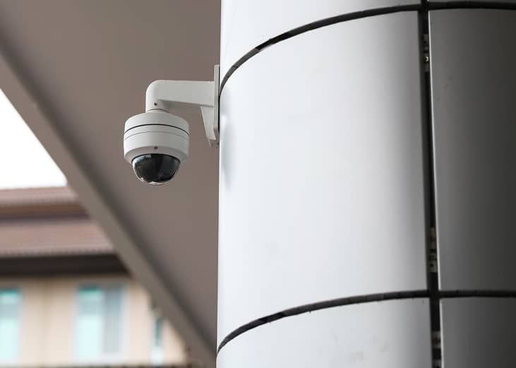 An outdoor CCTV within a school building.