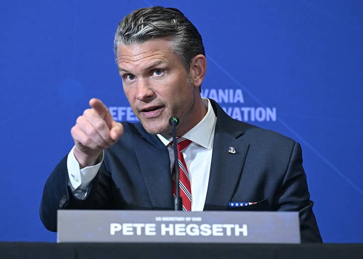 U.S. Defense Secretary Pete Hegseth speaking at the Pennsylvania Defense and Innovation Summit in Carlisle, Pennsylvania.