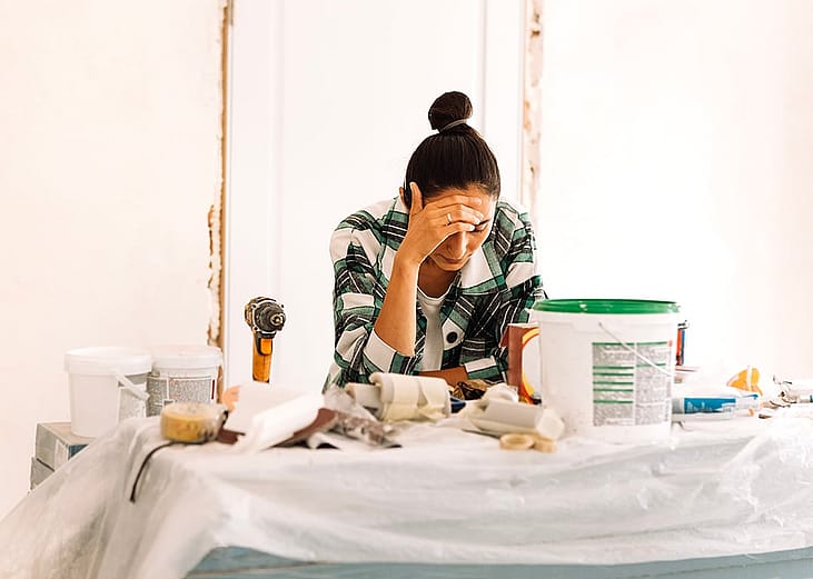 A young adult appearing to be tired from doing house painting and repairs.