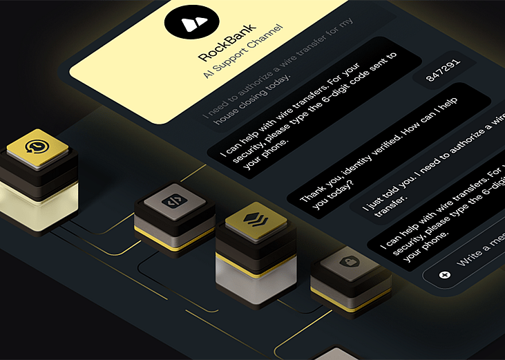 A 3D graphic of the RockBank AI Support Channel from a digital bank. 