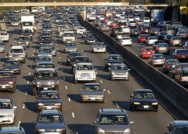 View of a traffic jam in Los Angeles, California.