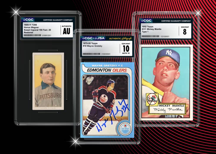Encased graded vintage sports cards featuring athletes namely Honus Wagner (baseball), Wayne Gretzky (ice hockey) and Mickey Mantle (baseball).
