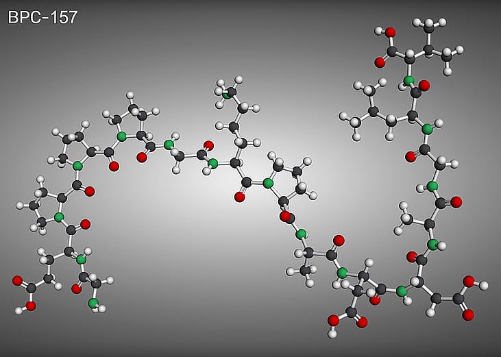 A 3D render of BPC-157 (Body Protective Compound-157), a peptide derived from a protein found in human gastric juice.