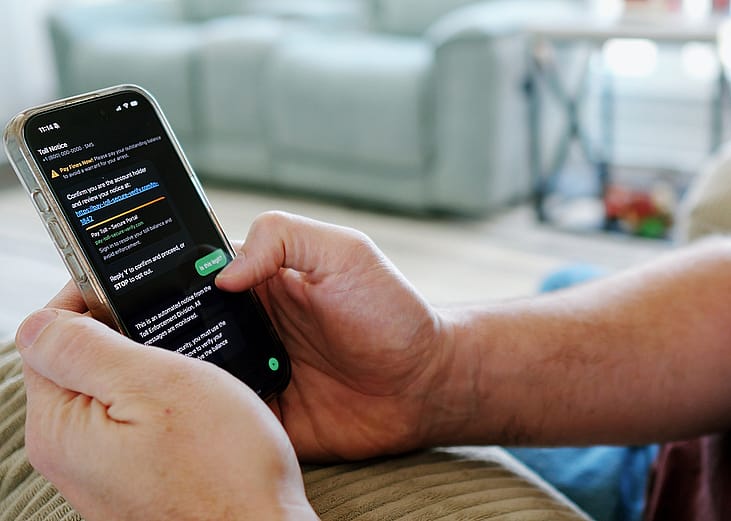 An automated scam text message displayed from a person's smartphone.