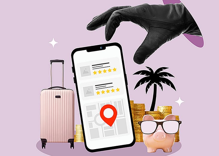 A collage of a smartphone and vacation items with a hand stealing above, depicting a travel scam concept.