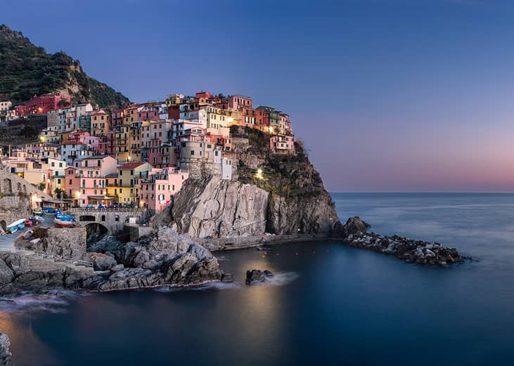 A view of the coastal town of Manarola in the Cinque Terre region of Liguria, Italy.