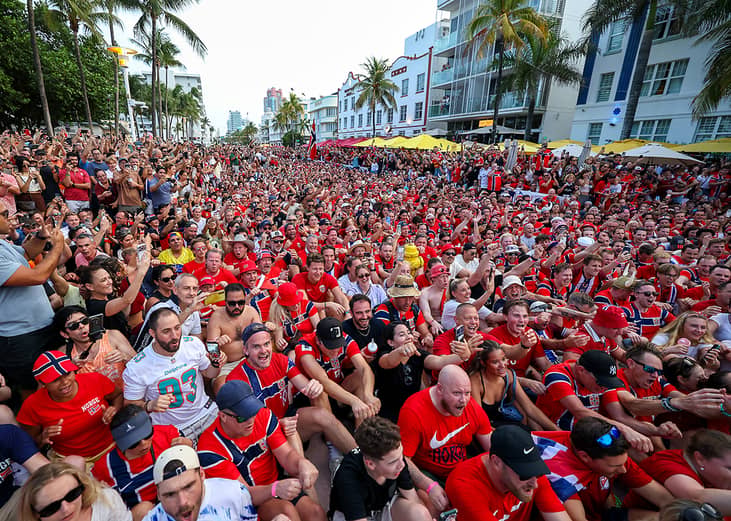 Fans of Norway take part in the "Viking Row," a cheer created by Norwegian soccer fans which gained popularity during the 2026 FIFA World Cup, on July 10, 2026, in Miami Beach, Florida. 