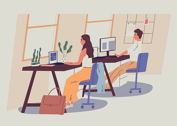 A vector illustration of employees working in an office.