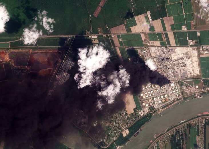 Aerial view of a plume of black smoke from the Marathon fire in Garyville, Louisiana, on Aug. 25, 2023.