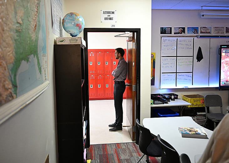 Adam Gravenor waiting for his students on his world history class at Coronado High School in Colorado, USA.