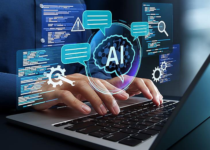 A businessman navigating an AI-assisted software or programming tool.