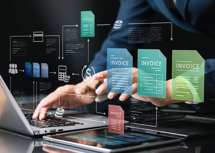 Businessman using a laptop illustrated with invoice and finance software tool graphics.