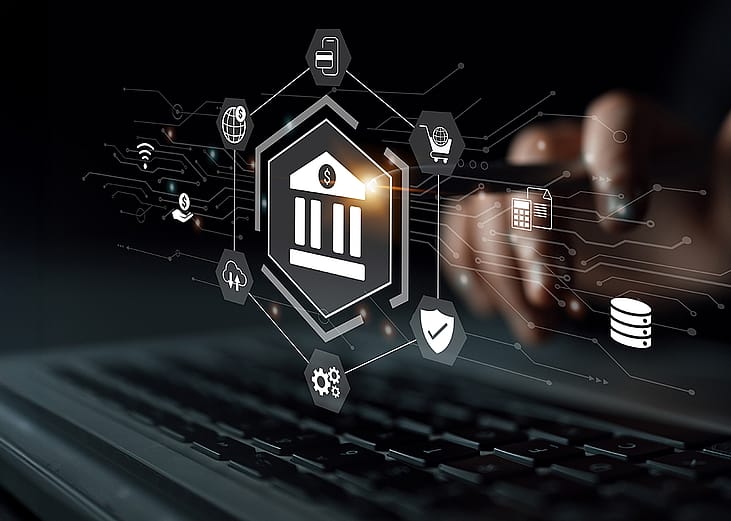A conceptual graphic illustration depicting users utilizing digital banking.
