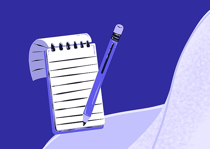 An illustration of a writing pad and a pencil for note-taking.