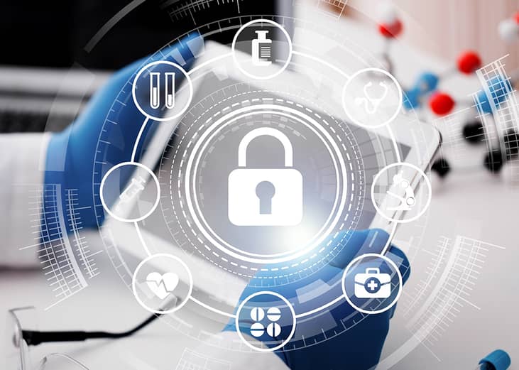 A healthcare professional using a digital tablet illustrated with cybersecurity graphics.