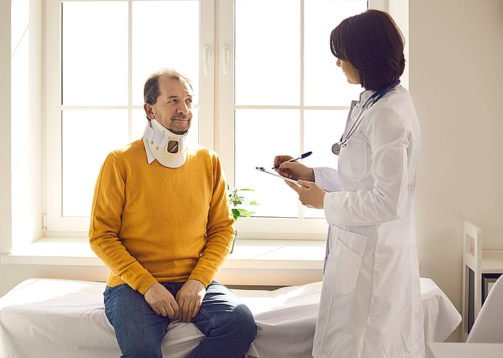 A senior man with a neck brace consulting with his doctor.